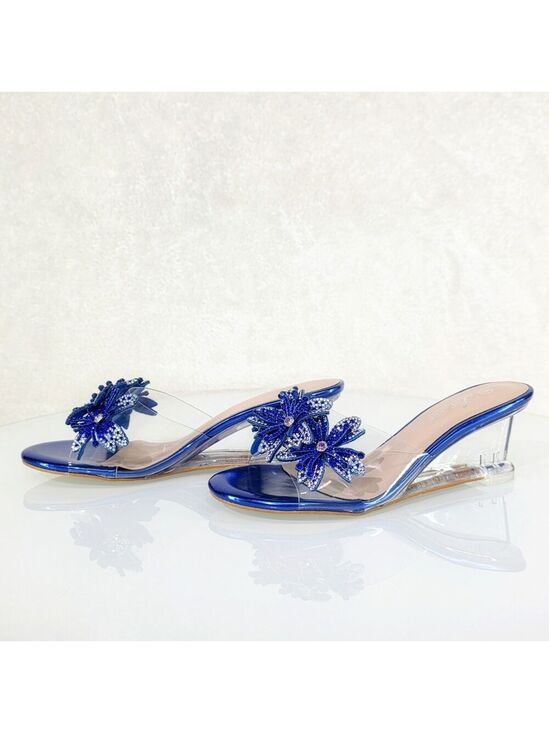 Forever Shoes - NIB NIB Eva Rhinestone Flower Blue Slip On 2.5" Wedge Heel Casual Party Shoes